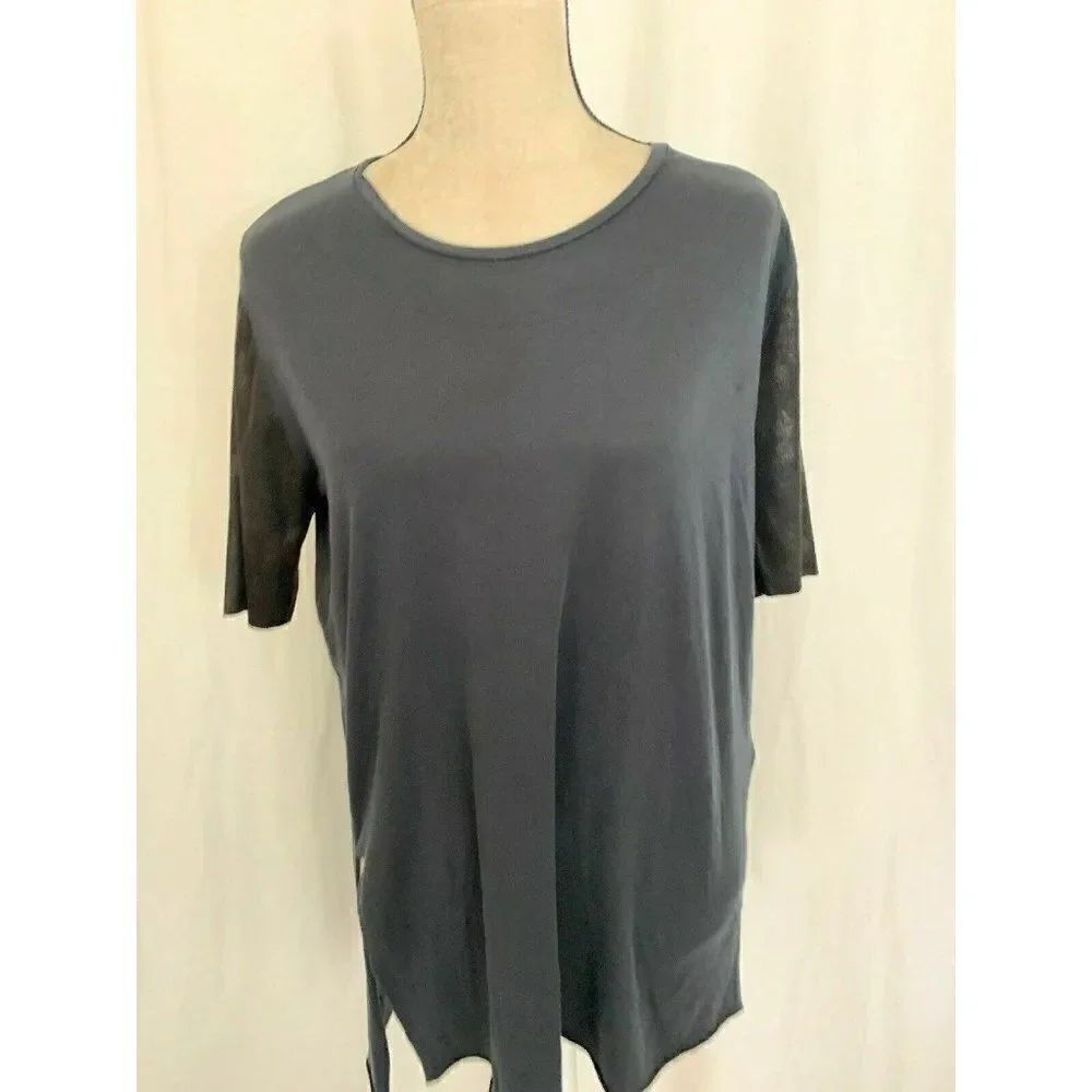 Zara WB Womens Solid Black Short Shine Sleeve Crew Neck Top T Shirt Medium